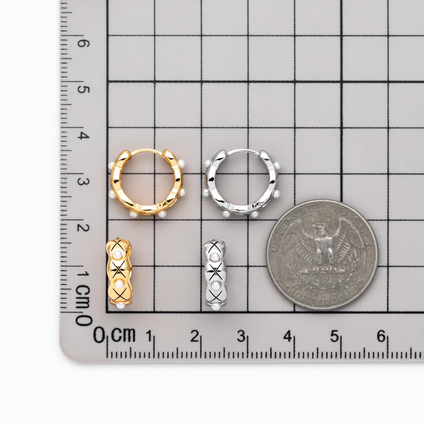 4pcs Faux Pearl Hoop Earrings, 18K Gold/ Rhodium plated Brass, Dainty Circle Huggies (GB-4749)