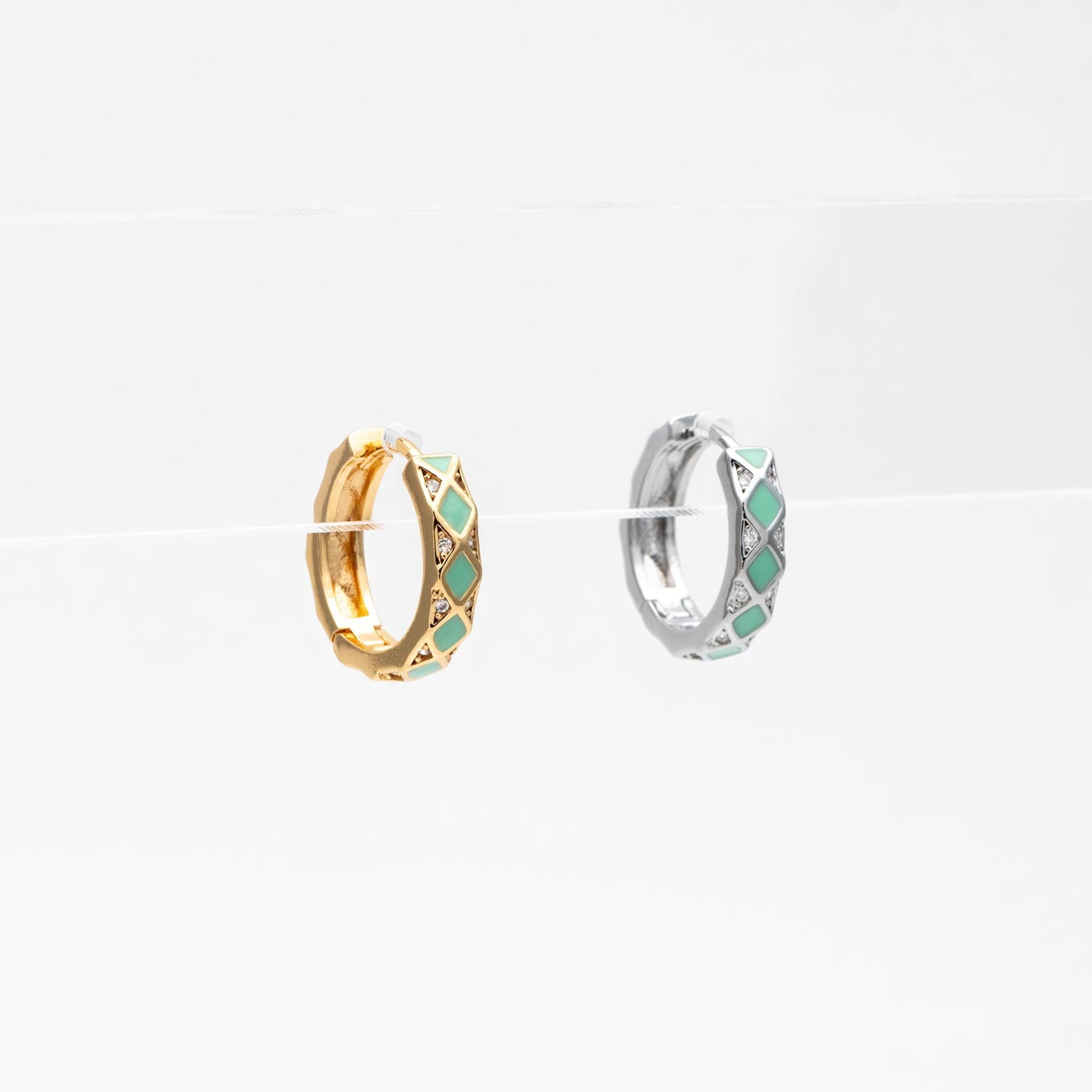 4pcs Mint Enamel Circle Hoop Earrings, 18K Gold/ Rhodium plated Brass, CZ Pave Minimalist Huggies (GB-4750)