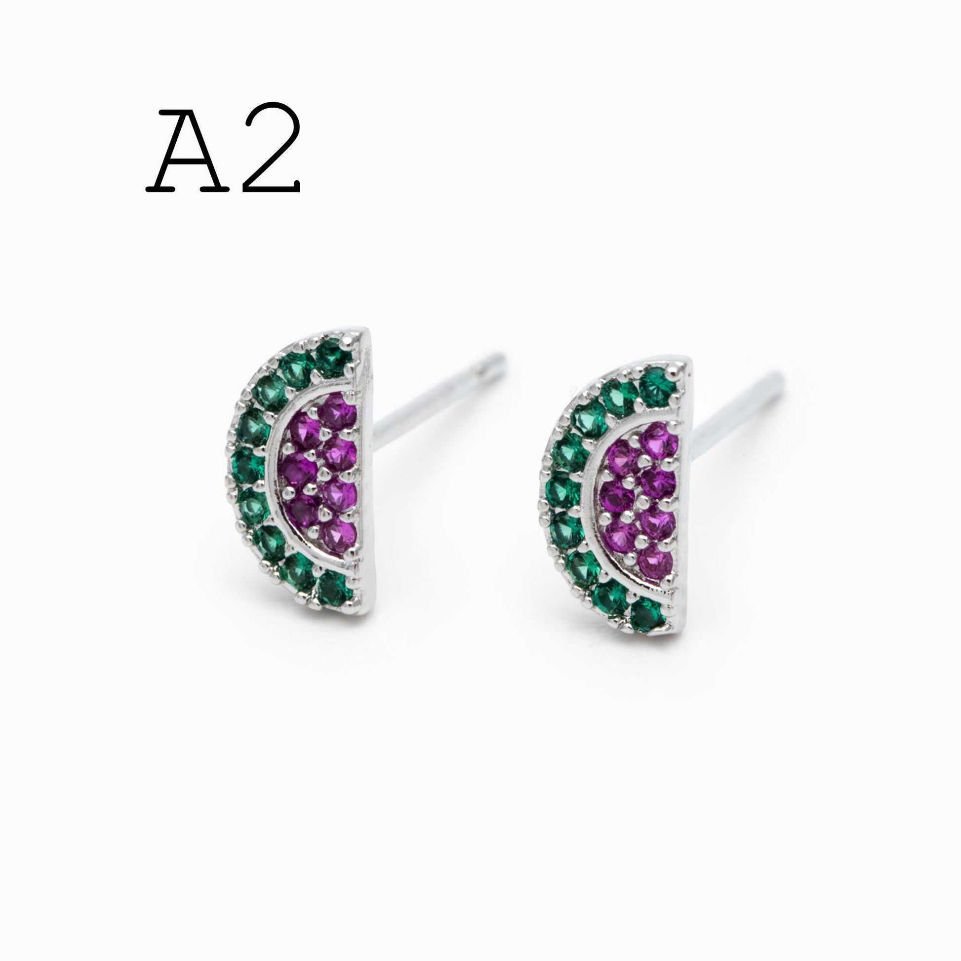 10pcs CZ Pave Gold/ Silver Watermelon Grape Earrings, Gold/ Rhodium Plated Brass, Fruits Stud Earrings (GB-4763)