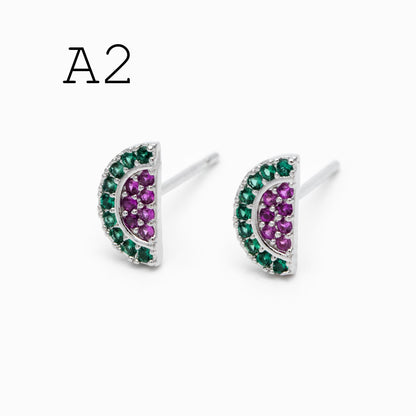 10pcs CZ Pave Gold/ Silver Watermelon Grape Earrings, Gold/ Rhodium Plated Brass, Fruits Stud Earrings (GB-4763)