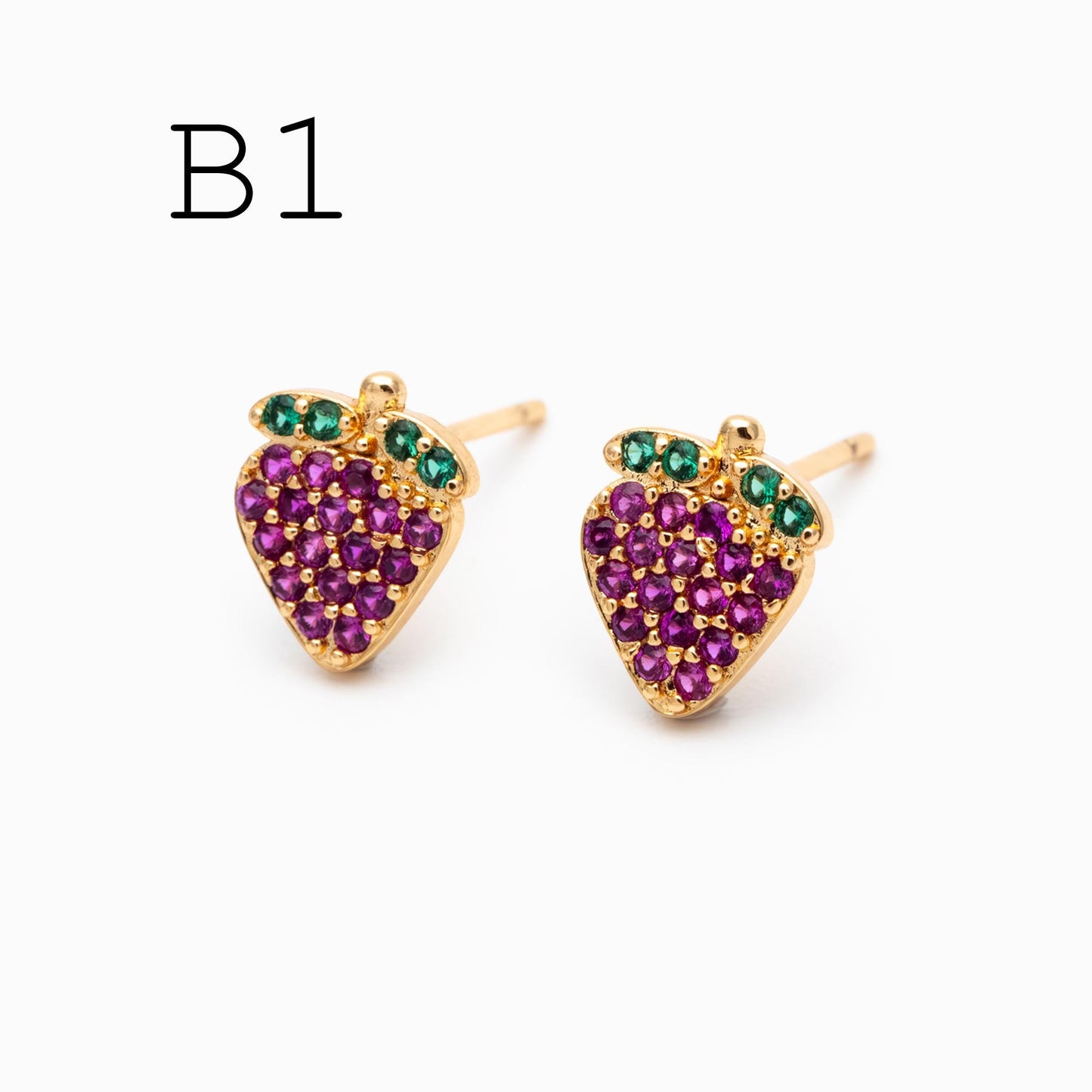 10pcs CZ Pave Gold/ Silver Watermelon Grape Earrings, Gold/ Rhodium Plated Brass, Fruits Stud Earrings (GB-4763)