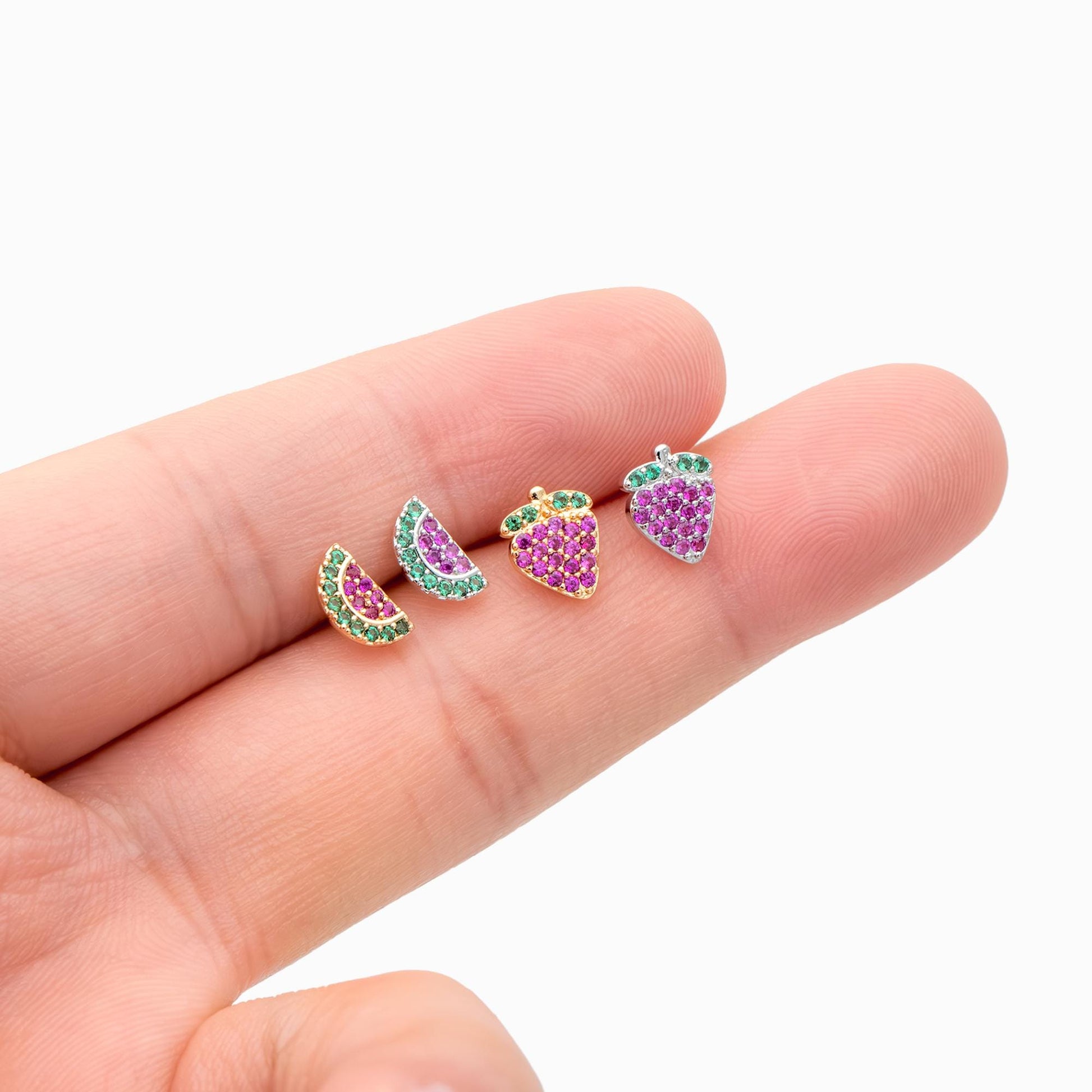 10pcs CZ Pave Gold/ Silver Watermelon Grape Earrings, Gold/ Rhodium Plated Brass, Fruits Stud Earrings (GB-4763)