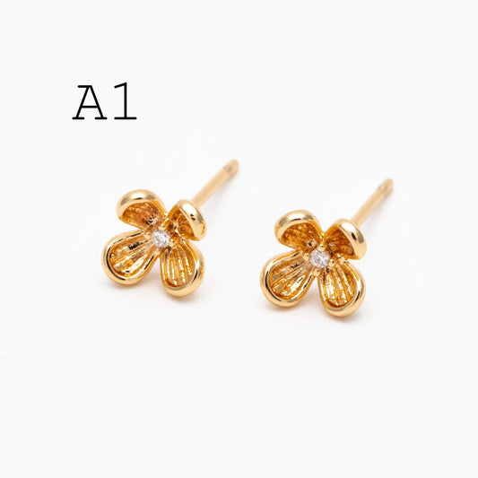 10pcs CZ Pave Flower/ Ladybug Earrings, Gold/ Rhodium plated Brass Dainty Stud Earrings (GB-4765)