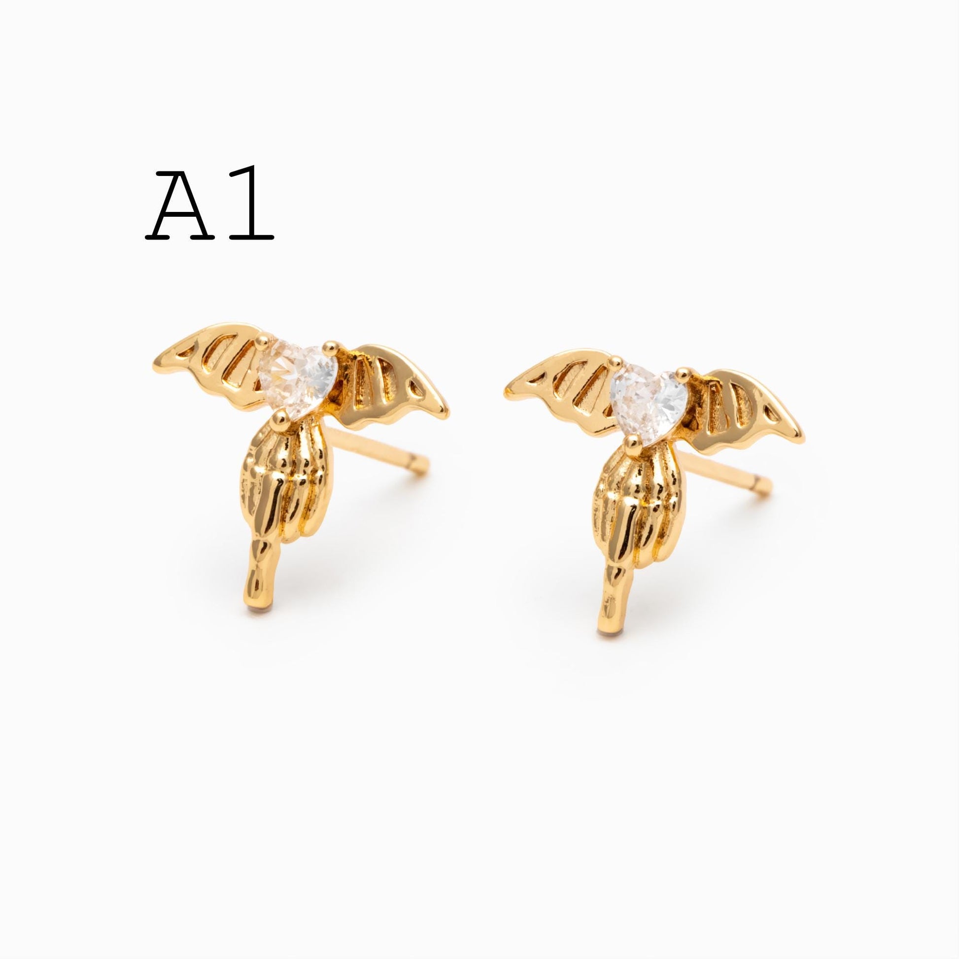 10pcs CZ Pave Gold/ Silver Heart Wing and Eye Earrings, 18K Gold/ Rhodium Plated Brass, Dainty Stud Earrings (GB-4766)
