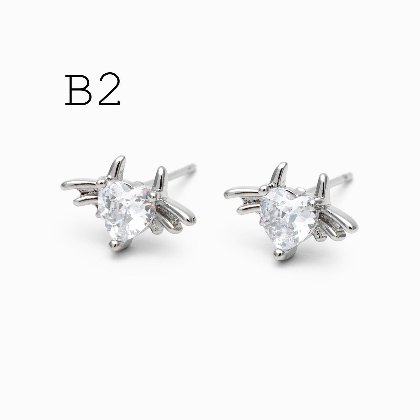 10pcs CZ Pave Gold/ Silver Heart Wing and Eye Earrings, 18K Gold/ Rhodium Plated Brass, Dainty Stud Earrings (GB-4766)