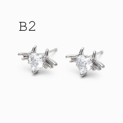 10pcs CZ Pave Gold/ Silver Heart Wing and Eye Earrings, 18K Gold/ Rhodium Plated Brass, Dainty Stud Earrings (GB-4766)