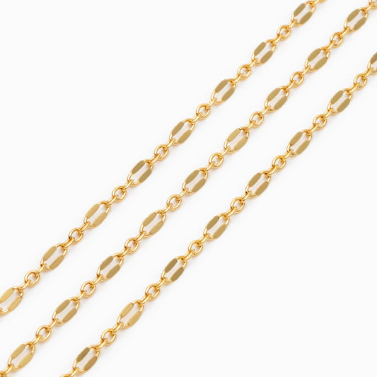 Gold Flat Cable Chains 2.5mm, 18K Gold plated Brass, Dainty Oval Linked Chains (#LK-626)/ 1 Meter=3.3 ft