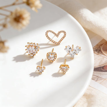 4pcs CZ Pave Heart Ear Posts, Gold Plated Brass Stud Earrings, Jewelry Findings, Wholesale Supplies (GB-3115)