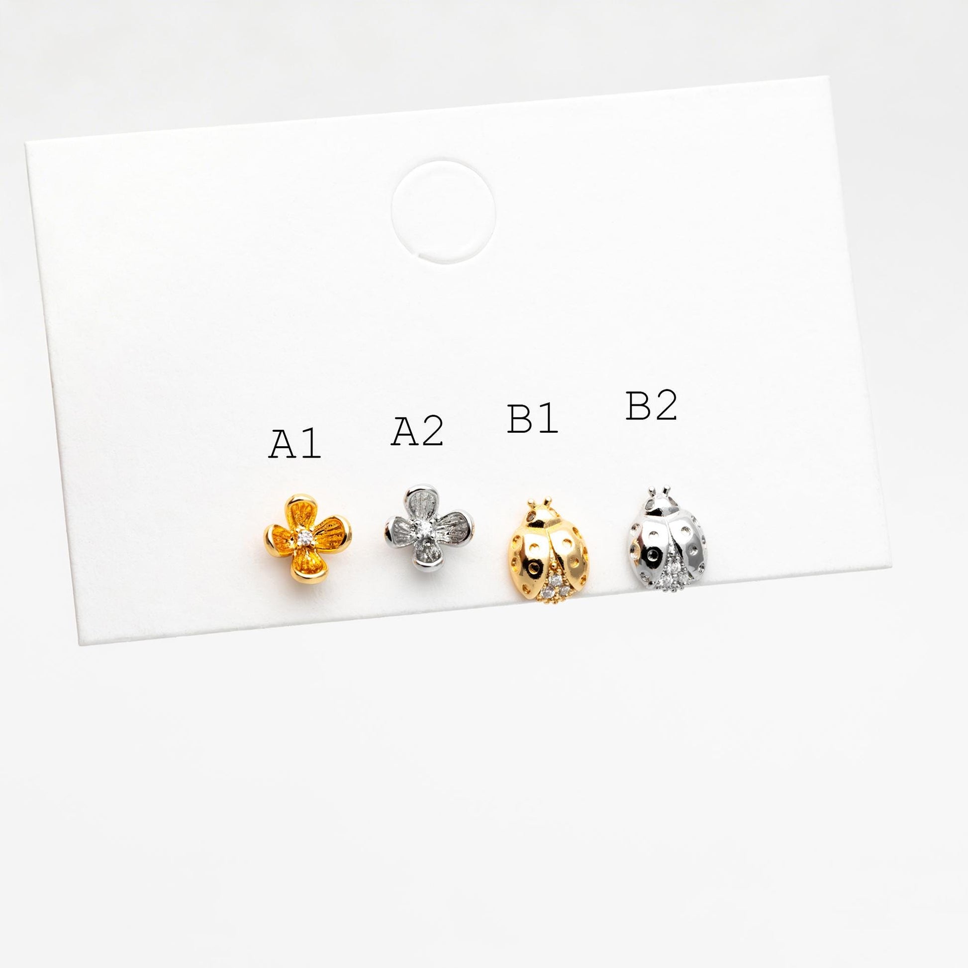 10pcs CZ Pave Flower/ Ladybug Earrings, Gold/ Rhodium plated Brass Dainty Stud Earrings (GB-4765)