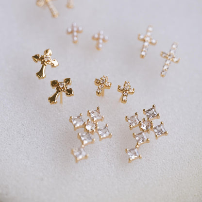 4pcs CZ Pave Gold Cross Earrings, 14K Gold Plated Brass Dainty Cross Stud Earring (#GB-3637-F)