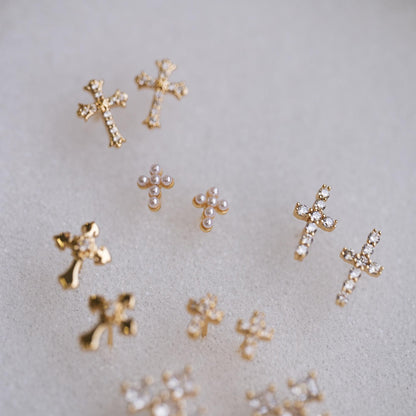 10pcs Faux Pearl Pave Gold Cross Earrings, Gold Plated Brass Small Cross Stud Earring (#GB-4063)