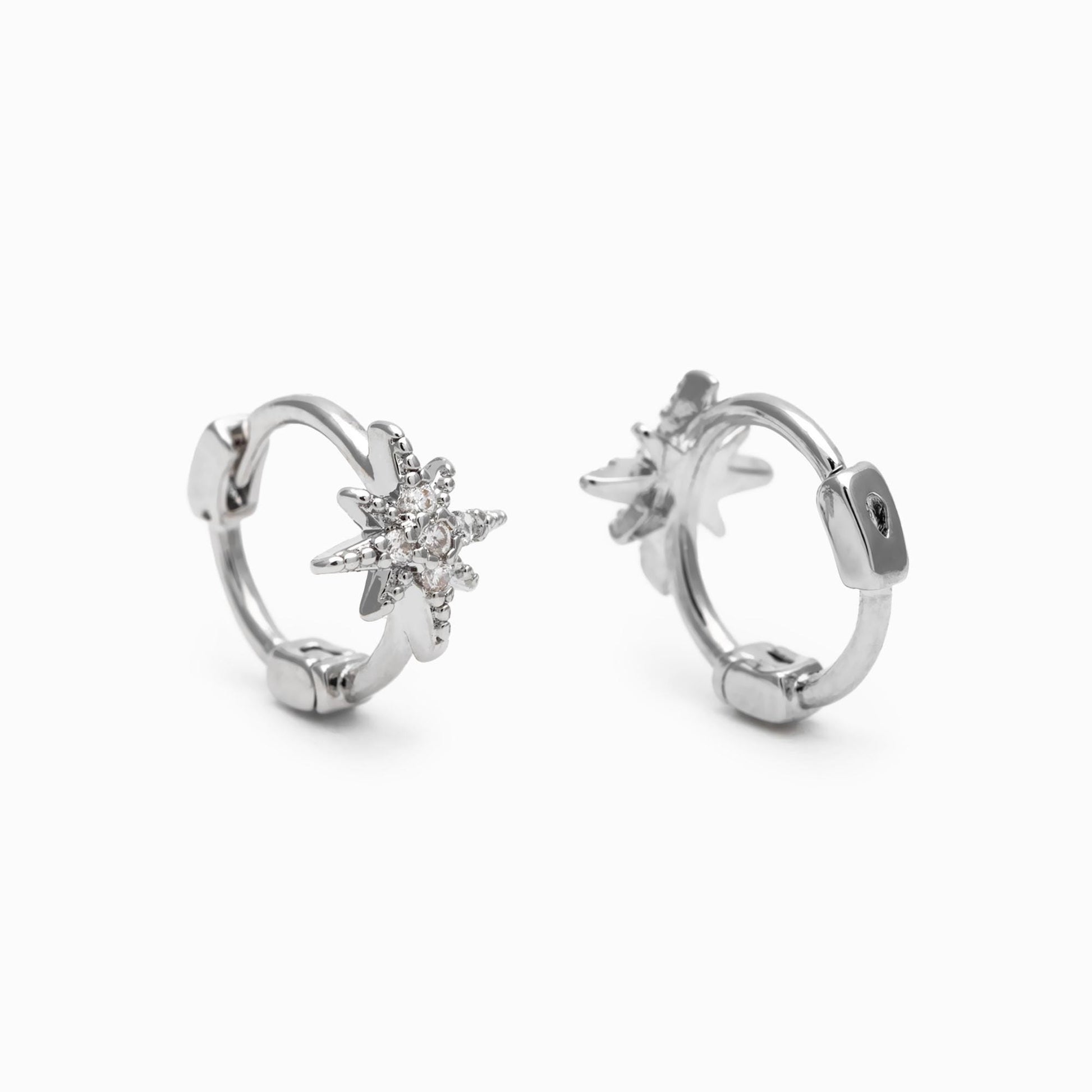 4pcs CZ Pave North Star Hoop Earrings, 18K Gold/ Rhodium plated Huggie Earrings 10mm (GB-4729)