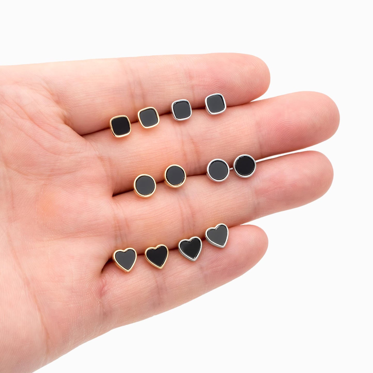 10pcs Black Acetate Gold/ Silver Geometric Earrings, Square/ Round/ Heart Stud Earrings (GB-4744)