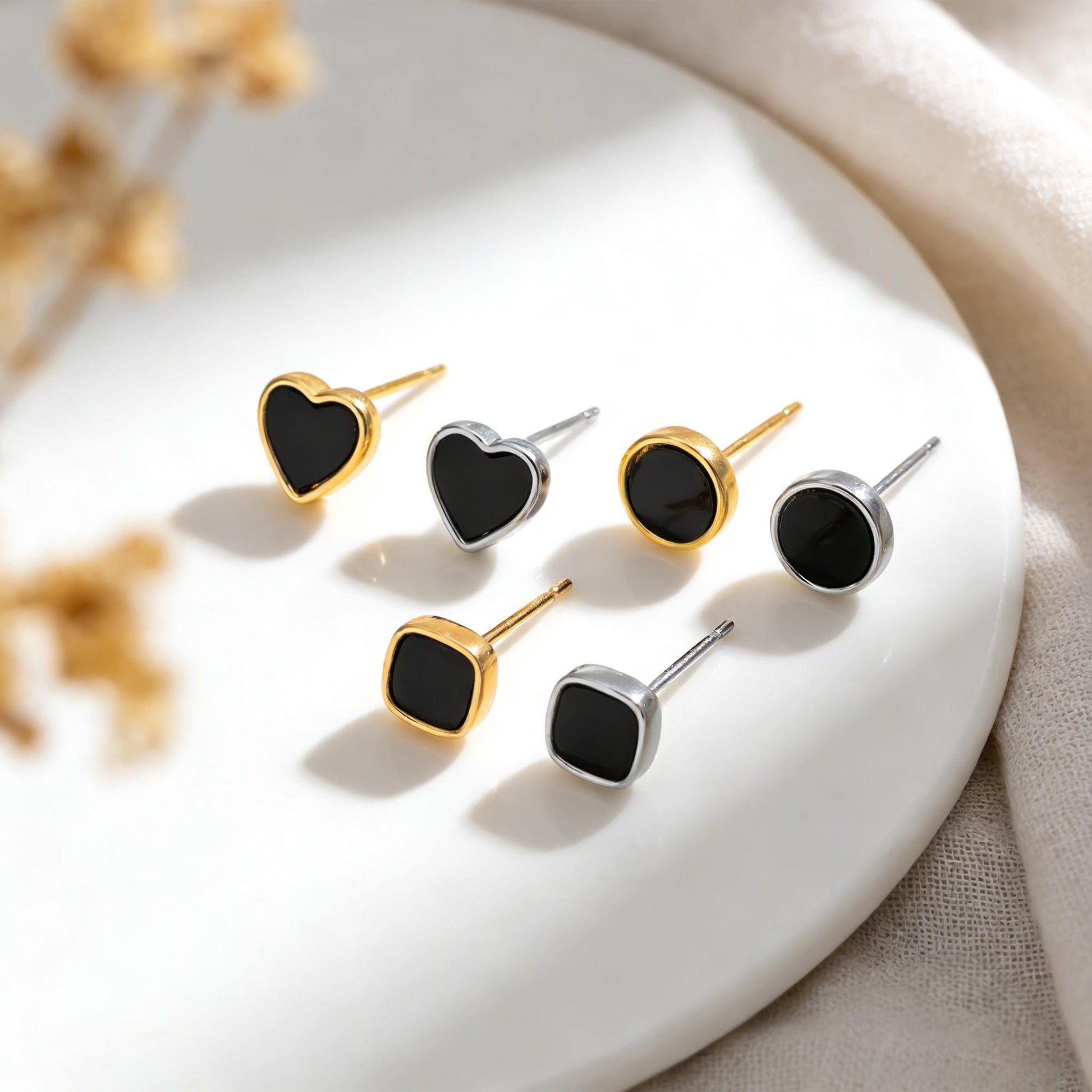 10pcs Black Acetate Gold/ Silver Geometric Earrings, Square/ Round/ Heart Stud Earrings (GB-4744)