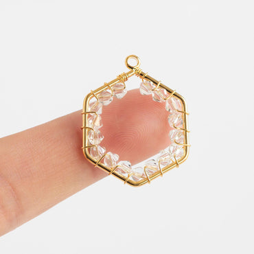 10pcs Gold Beaded Hexagonal Charms , Wired Crystal Beads Geometric Pendants, Dangle Earring Components (GB-684)