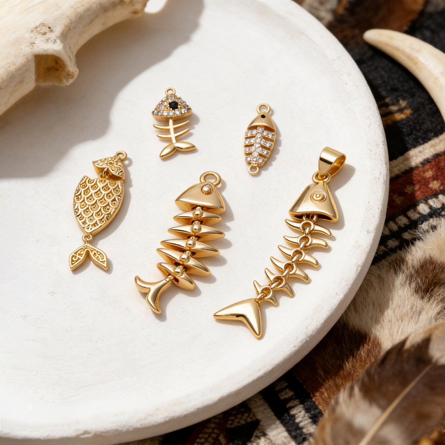 4pcs Gold/ Silver Tone Fishbone Charm, Gold/ Rhodium Plated Brass Fishbone Pendant, Skeleton Pendant (GB-2936)