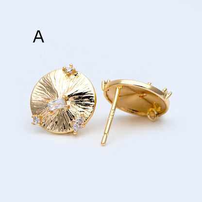 10pcs Gold Round/ Heart Earring with Loop, 18K Gold plated Brass, CZ pave Stud Earring Components (GB-1640)