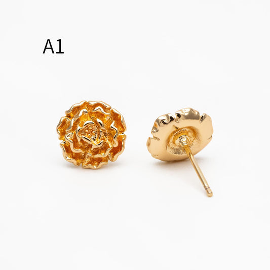 10pcs Gold/ Silver Tone Camellia Rose Earrings, Gold/ Rhodium Plated Brass, Flower Stud Earrings (GB-4626)