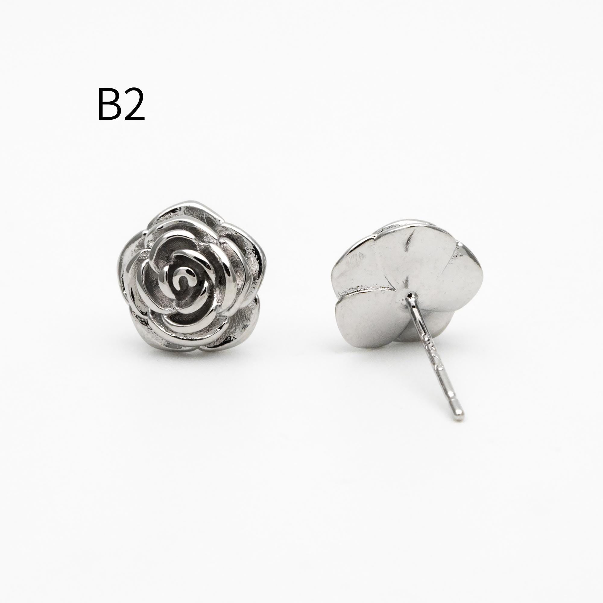 10pcs Gold/ Silver Tone Camellia Rose Earrings, Gold/ Rhodium Plated Brass, Flower Stud Earrings (GB-4626)