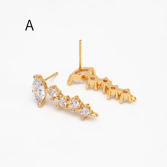 4pcs CZ Pave Irregular Earring Studs with Loop, 18K Gold plated Brass Ear Posts, Dainty Earring Findings (#GB-3619)