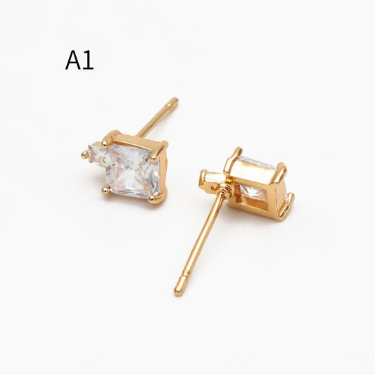 10pcs CZ Pave Gold/ Silver Square Round Earrings, 18K Gold/ Rhodium plated Brass, Geometric Stud Earrings (#GB-4350)