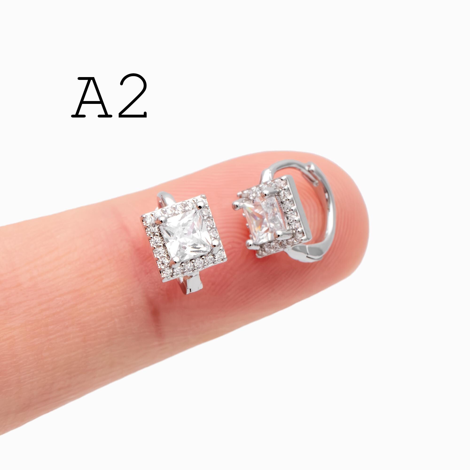 4pcs CZ Pave Gold/ Silver Tone Geometric Hoop Earrings, 18K Real Gold/ Rhodium plated Brass, Square/ Triangle Huggie Earrings (GB-4755)