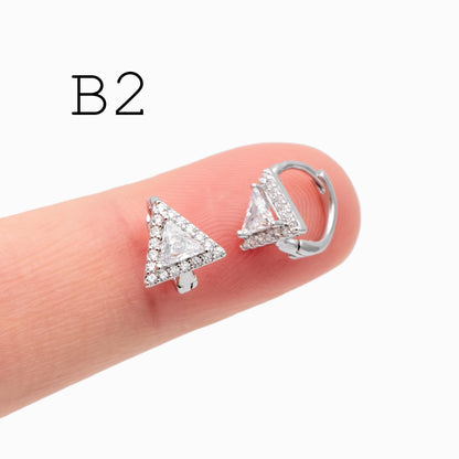 4pcs CZ Pave Gold/ Silver Tone Geometric Hoop Earrings, 18K Real Gold/ Rhodium plated Brass, Square/ Triangle Huggie Earrings (GB-4755)