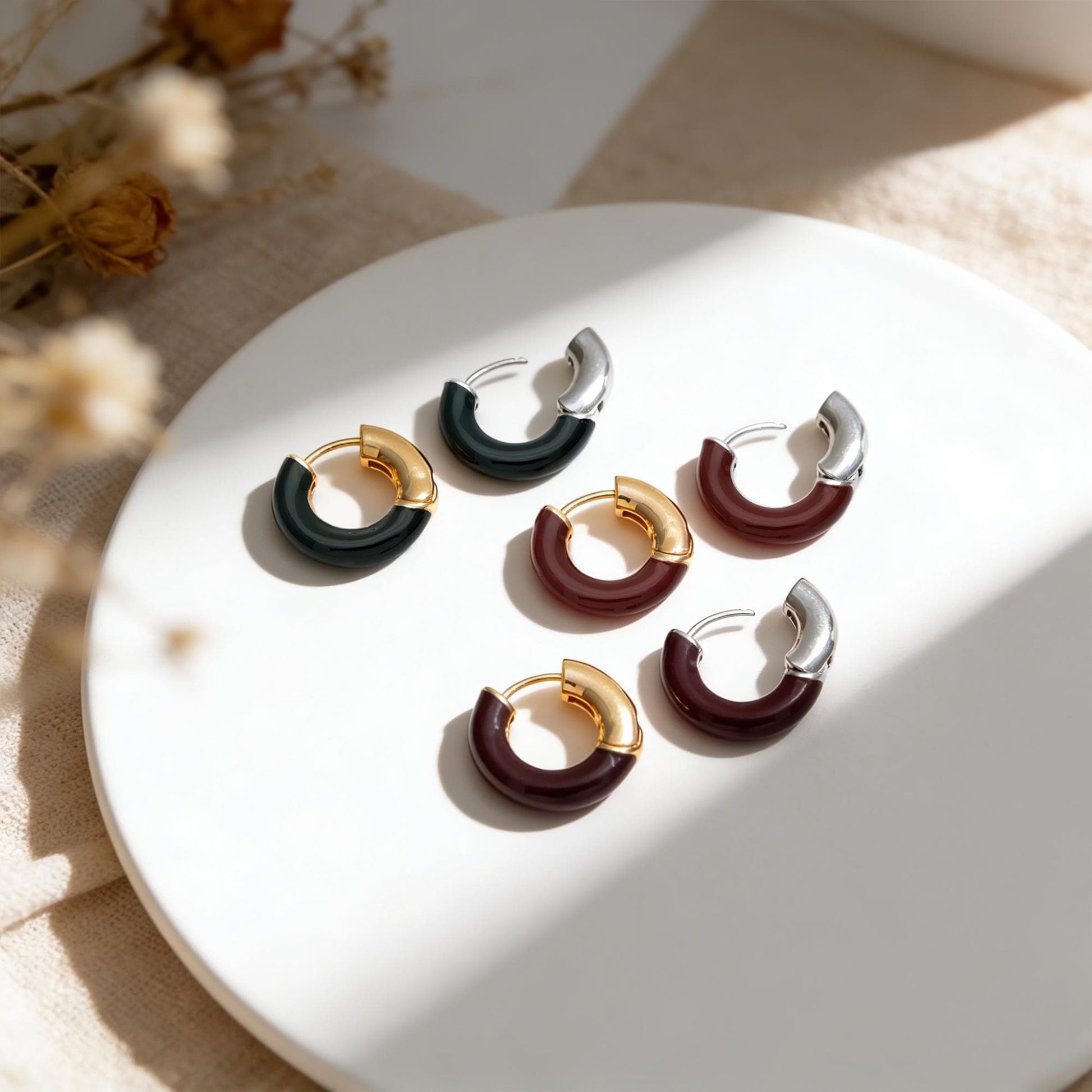 4pcs Enamel Hoop Earrings, 18K Gold/ Rhodium plated Brass, Minimalist Circle Huggies (GB-4767)