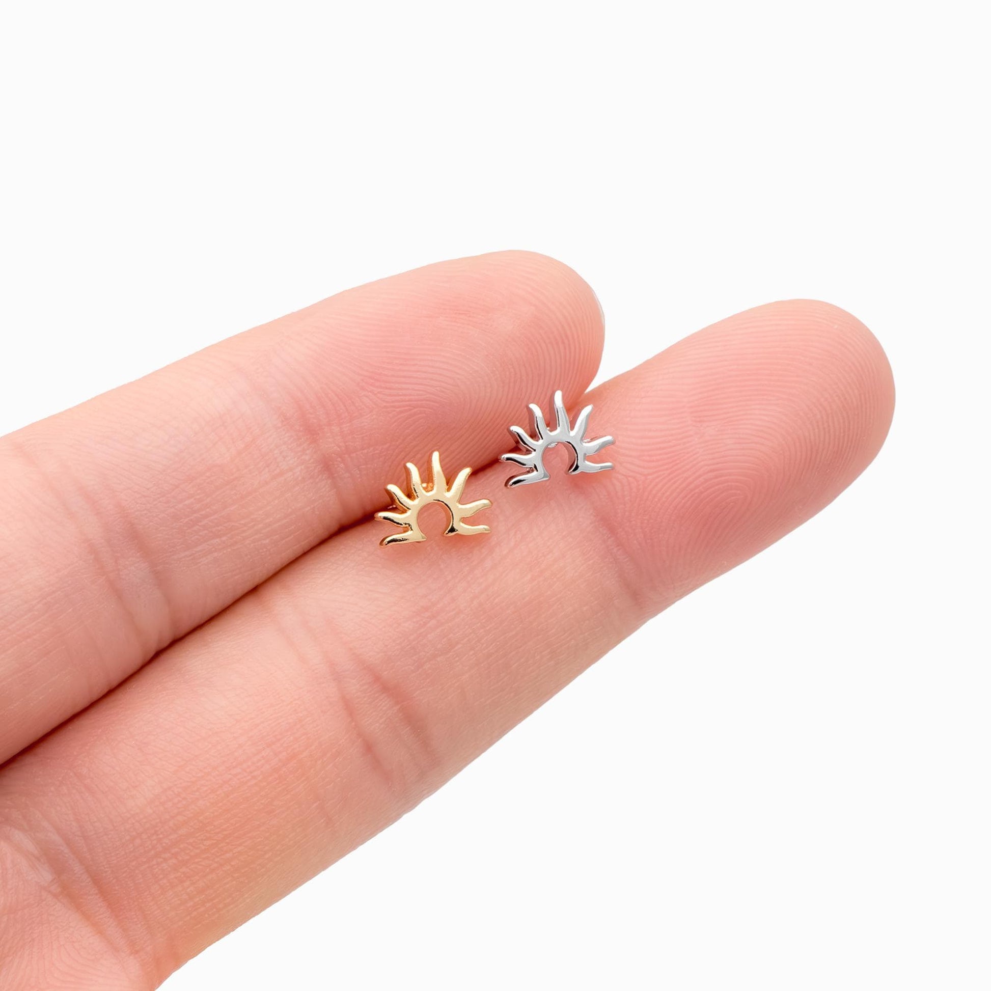 10pcs CZ Pave Gold/ Silver Tone Sun Earrings, Real Gold/ Rhodium Plated Brass, Sunrise Stud Earrings (#GB-4769)