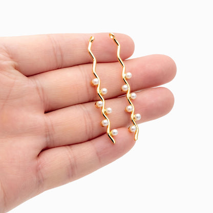 4pcs Faux Pearl Pave Gold Bar Charms 50mm, 18K Gold plated Brass Wire Pendants (GB-995)