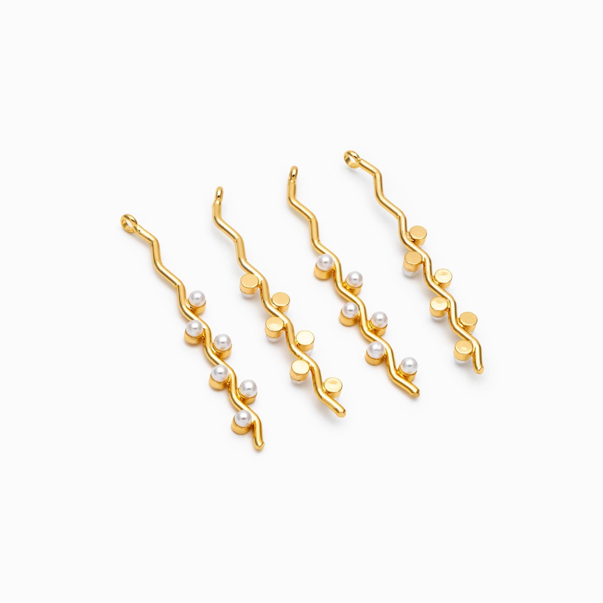 4pcs Faux Pearl Pave Gold Bar Charms 50mm, 18K Gold plated Brass Wire Pendants (GB-995)