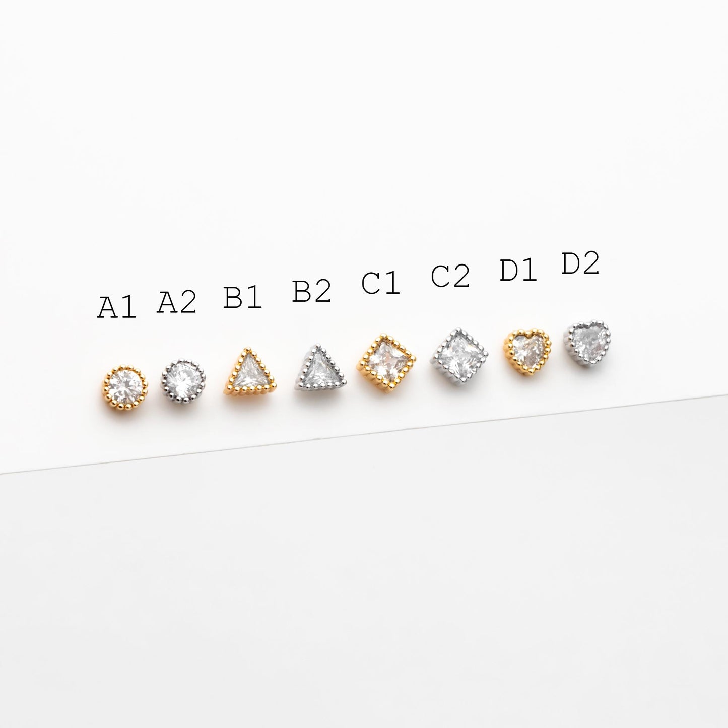 10pcs CZ Pave Gold/ Silver Round/ Triangle/ Rhombus/ Heart Earrings, Dainty Geometric Stud Earrings (GB-4743)