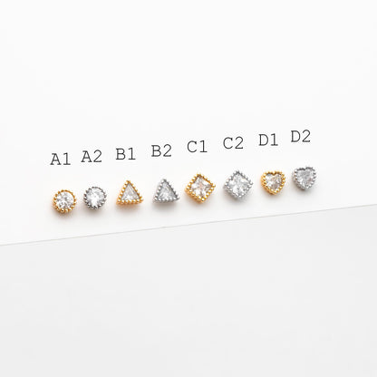 10pcs CZ Pave Gold/ Silver Round/ Triangle/ Rhombus/ Heart Earrings, Dainty Geometric Stud Earrings (GB-4743)