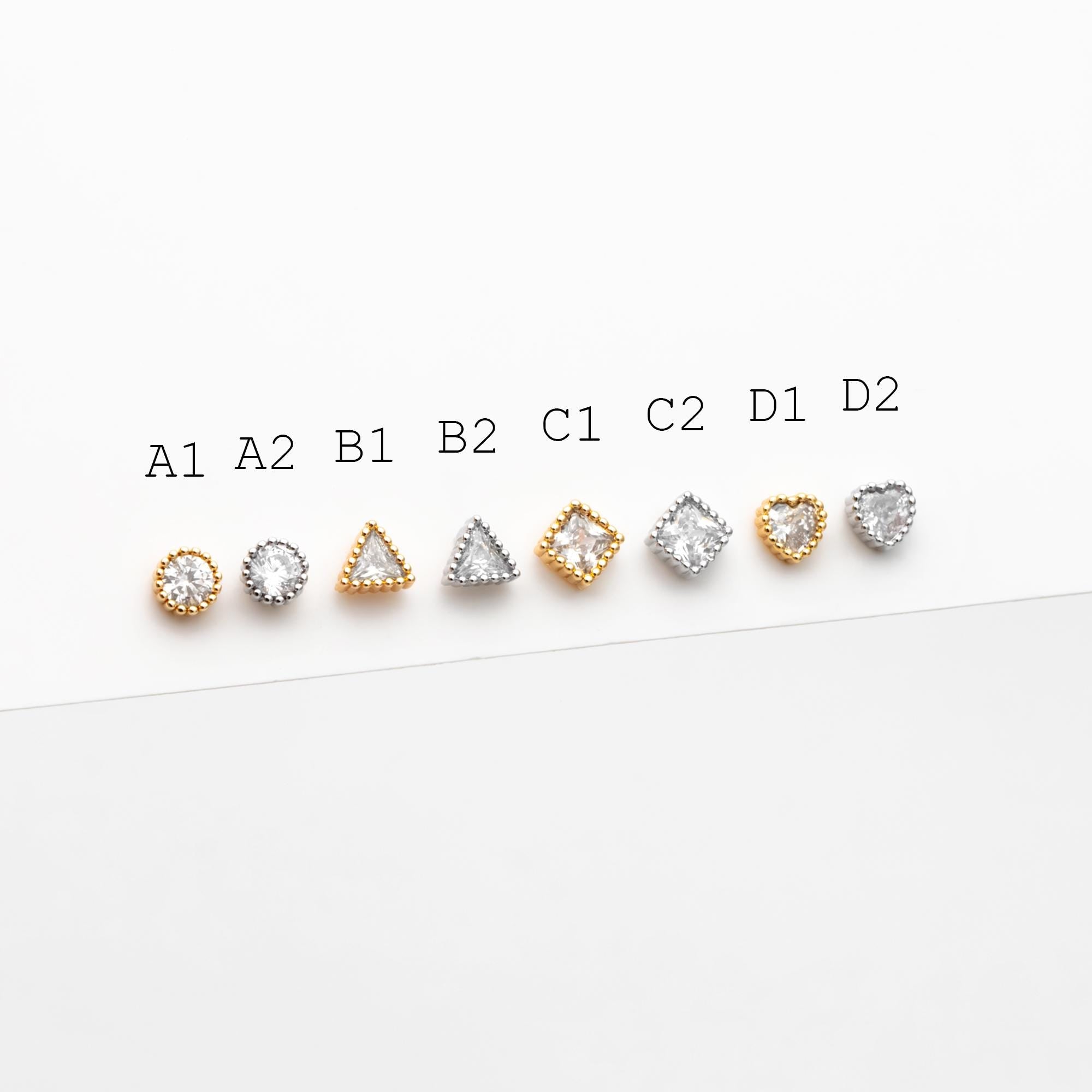 10pcs CZ Pave Gold/ Silver Round/ Triangle/ Rhombus/ Heart Earrings, Dainty Geometric Stud Earrings (GB-4743)