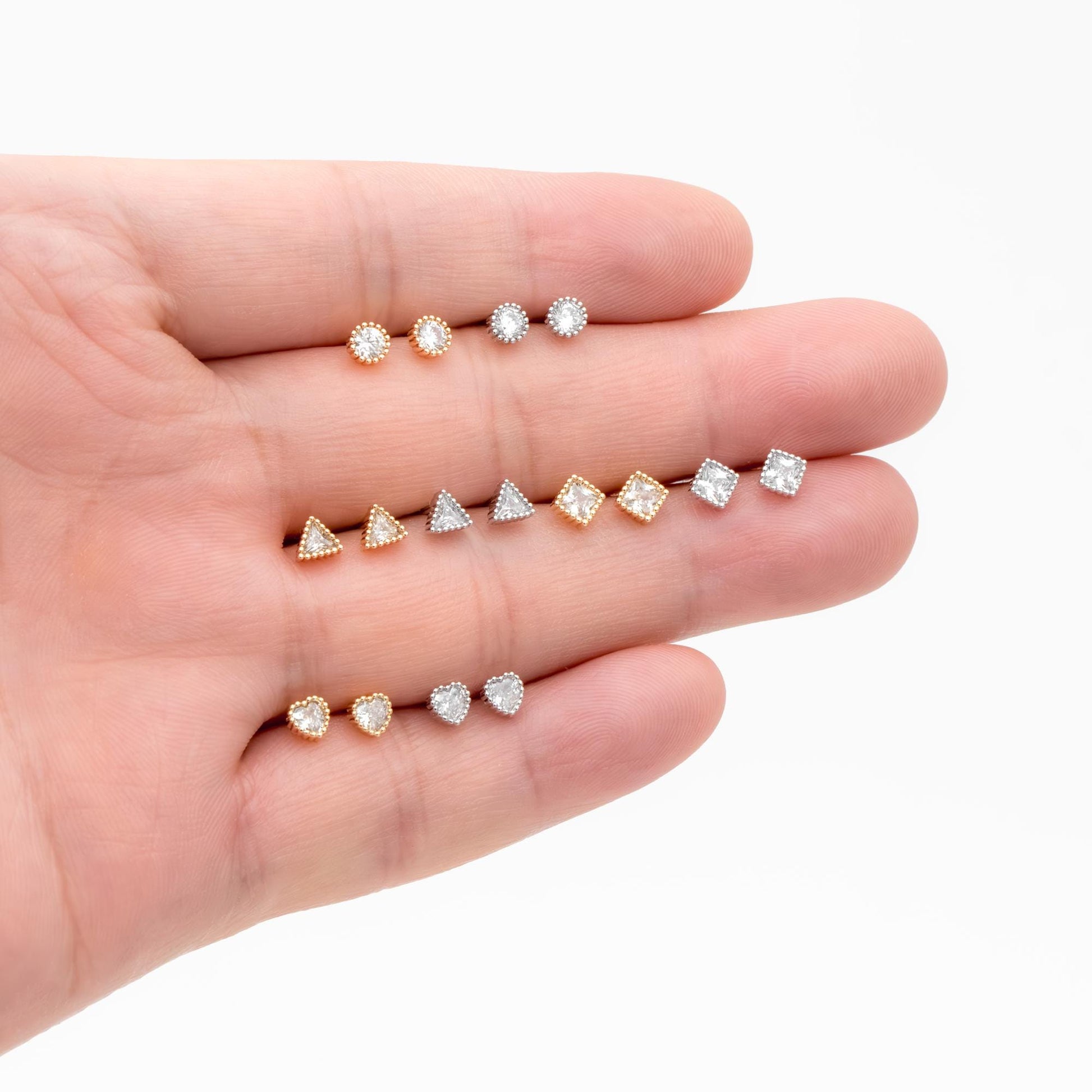 10pcs CZ Pave Gold/ Silver Round/ Triangle/ Rhombus/ Heart Earrings, Dainty Geometric Stud Earrings (GB-4743)