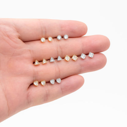 10pcs CZ Pave Gold/ Silver Round/ Triangle/ Rhombus/ Heart Earrings, Dainty Geometric Stud Earrings (GB-4743)