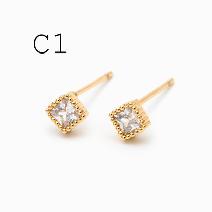 10pcs CZ Pave Gold/ Silver Round/ Triangle/ Rhombus/ Heart Earrings, Dainty Geometric Stud Earrings (GB-4743)