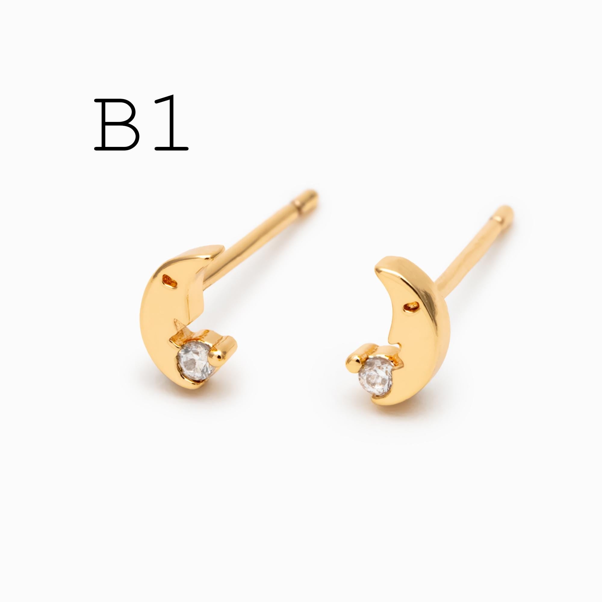 10pcs Gold/ Silver Tone Sun Moon Face Earrings, Real Gold/ Rhodium Plated Brass Stud Earrings (#GB-4760)