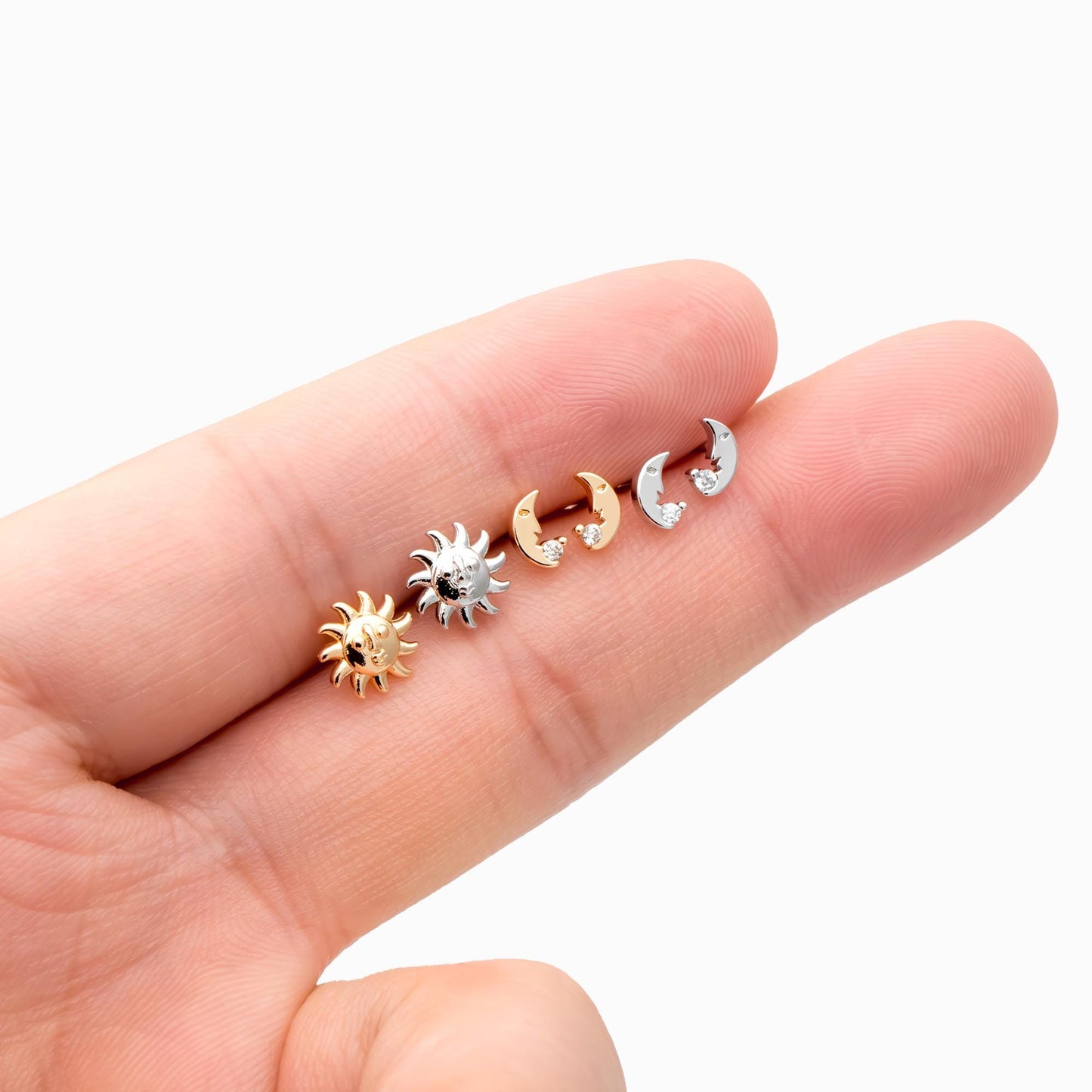 10pcs Gold/ Silver Tone Sun Moon Face Earrings, Real Gold/ Rhodium Plated Brass Stud Earrings (#GB-4760)