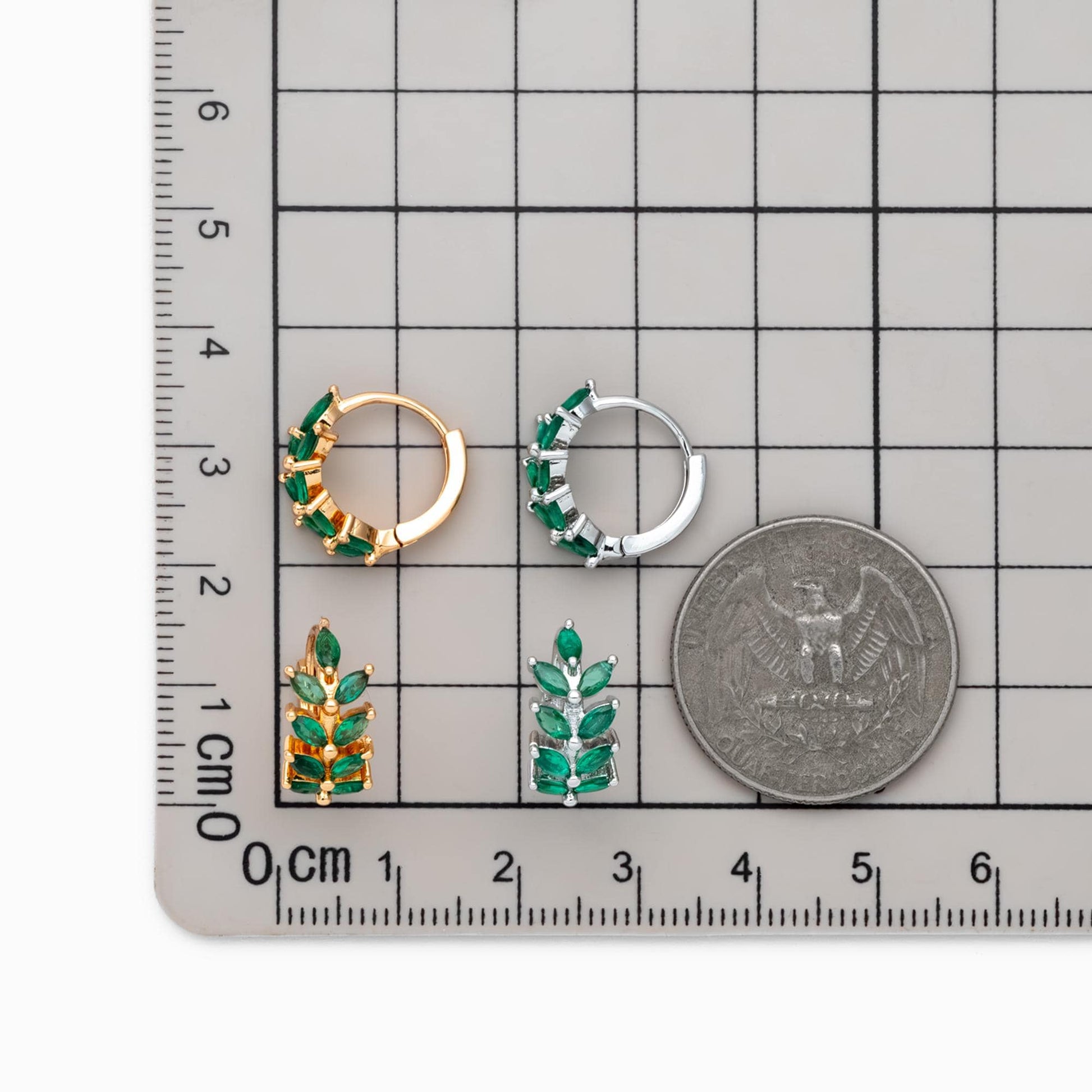 4pcs CZ Pave Emerald Leaf Hoop Earrings, 18K Real Gold/ Rhodium Plated Brass, Dainty Huggie Earrings (GB-4762)