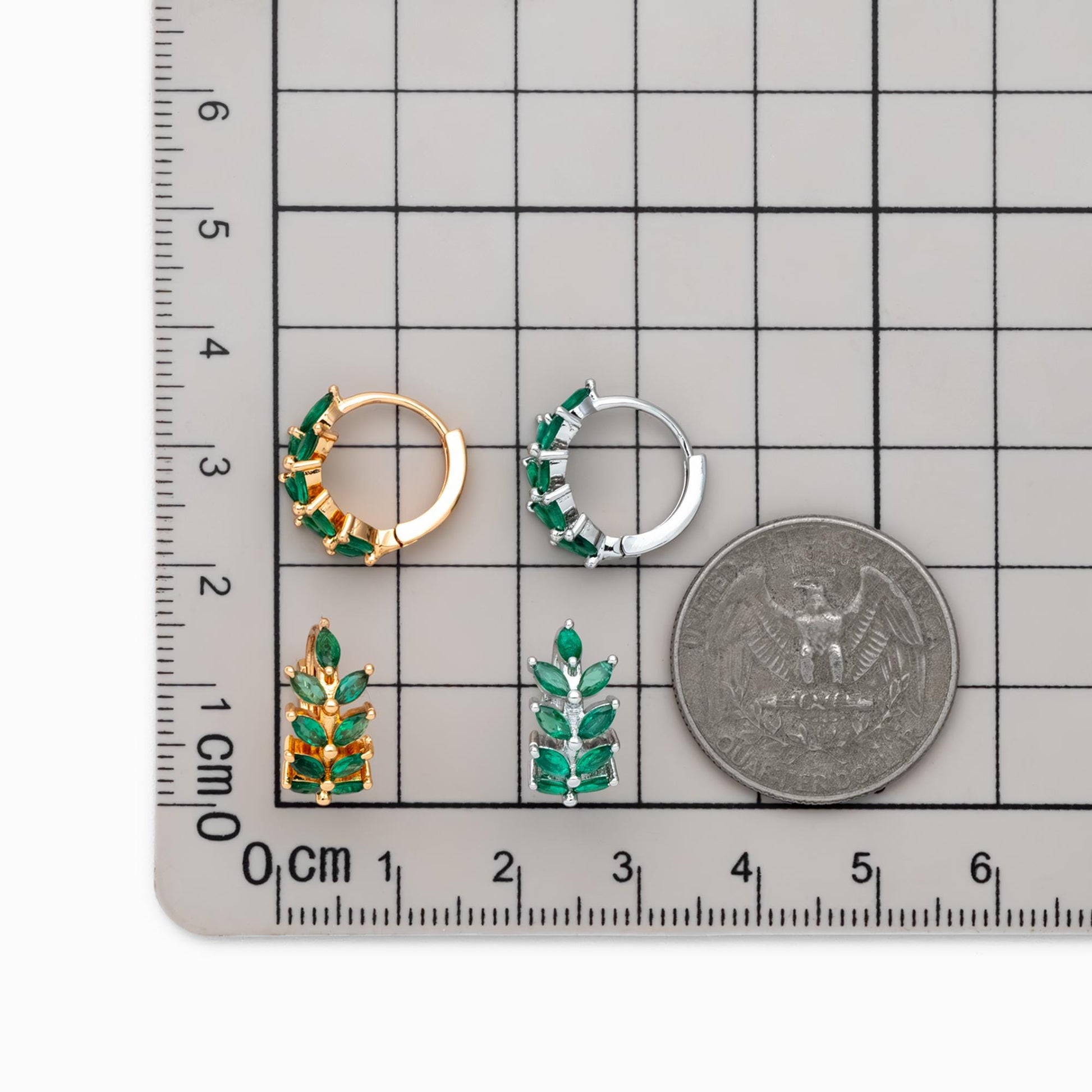 4pcs CZ Pave Emerald Leaf Hoop Earrings, 18K Real Gold/ Rhodium Plated Brass, Dainty Huggie Earrings (GB-4762)
