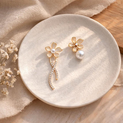 4pcs CZ Pave Gold Enamel Flower Asymmetry Earrings, Pearl Peg Earring Mounts, Half Drilled Pearl Earring Settings (GB-4356)