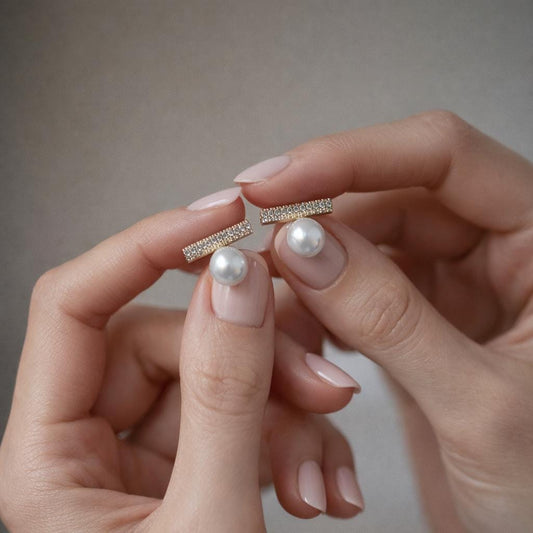 4pcs CZ Pave Gold Bar Earrings, Pearl Earring Mounts, Half Drilled Pearls Earring Settings (GB-4279)