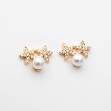 4pcs Gold CZ Pave Flower Earring, Star Earring, Pearl Peg Earring Mounts,Half Drilled Pearl Post Earring Settings (#GB-4276)