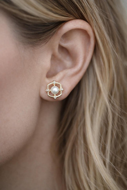 4pcs CZ Pave Gold Elegant Glass Pearl Geometric Earrings (#GB-3853)