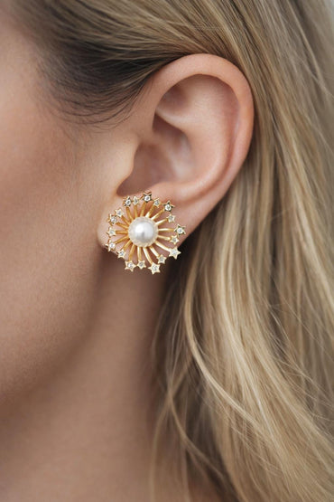 4pcs Elegant Starburst Glass Pearl Earrings, Gold Star Accents, Chic Statement Jewelry for Special Occasions (GB-3580)