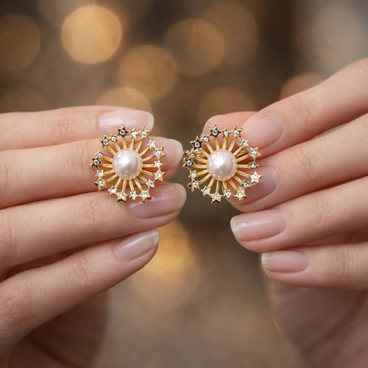 4pcs Elegant Starburst Glass Pearl Earrings, Gold Star Accents, Chic Statement Jewelry for Special Occasions (GB-3580)