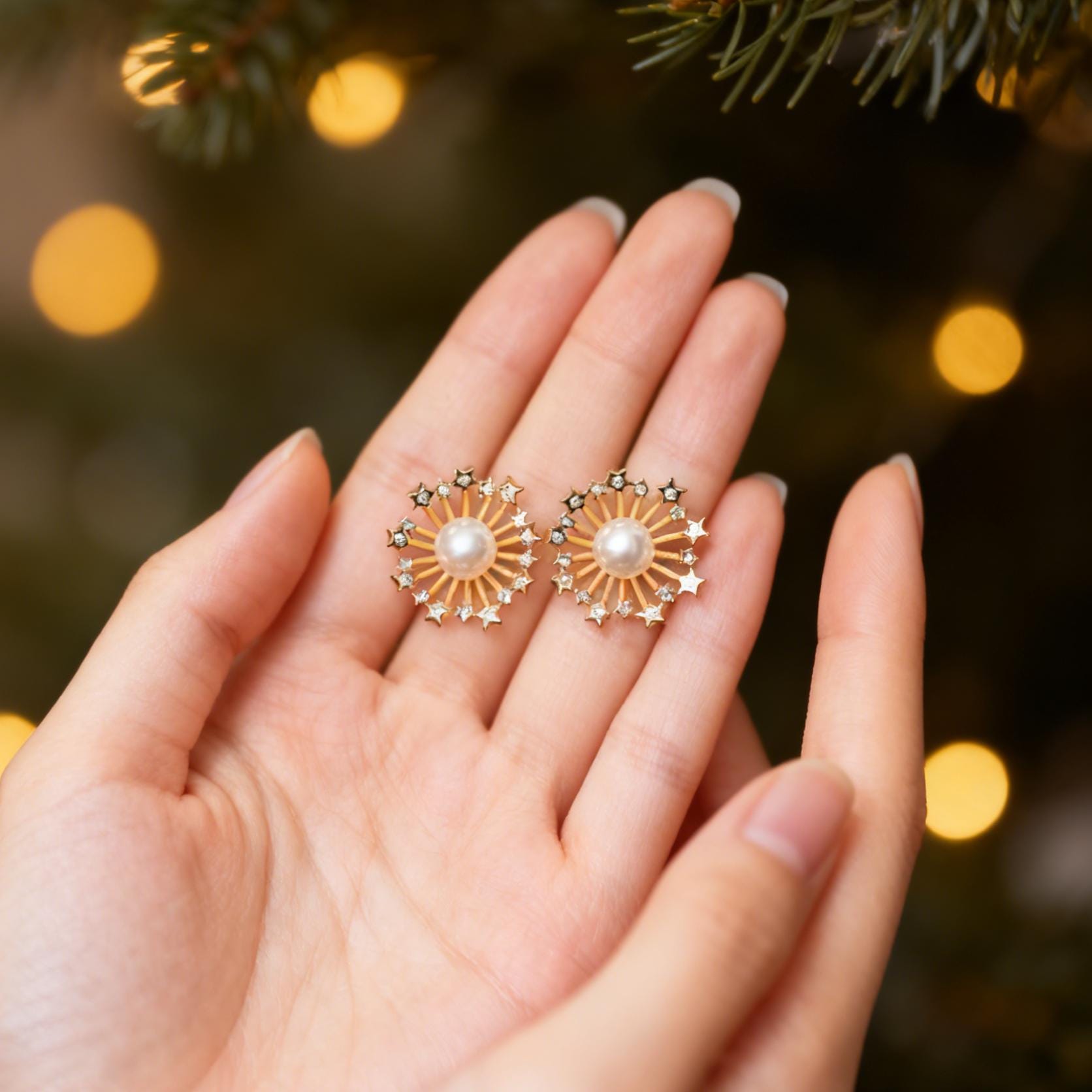 4pcs Elegant Starburst Glass Pearl Earrings, Gold Star Accents, Chic Statement Jewelry for Special Occasions (GB-3580)