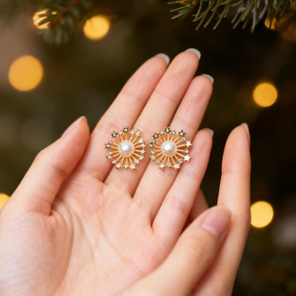 4pcs Elegant Starburst Glass Pearl Earrings, Gold Star Accents, Chic Statement Jewelry for Special Occasions (GB-3580)