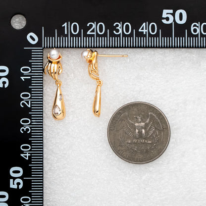 4pcs Gold Hand with CZ Paved Teardrop Earring, Half Drilled Pearl Mounts, Pearl Peg Earring Settings (GB-3141)